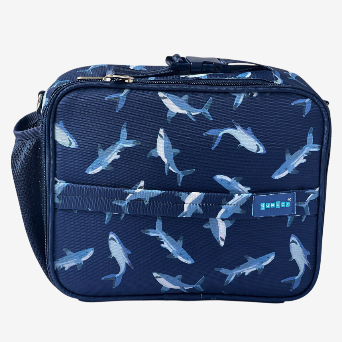 Navy blue bag with shark pattern on a white background