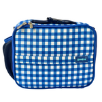 Blue and white checkered bag with a visible brand logo on a white background