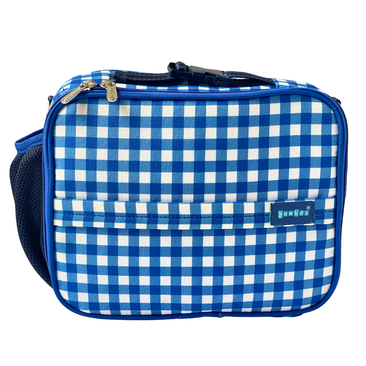Blue and white checkered bag with a visible brand logo on a white background
