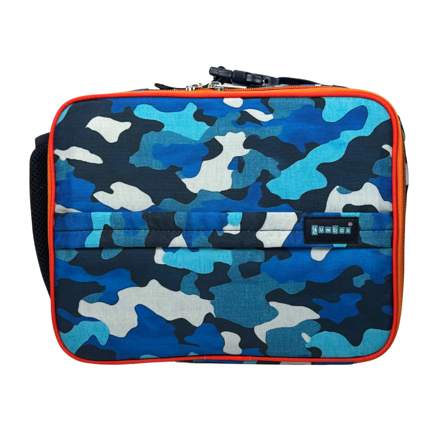 Camouflage-patterned bag with orange border on a white background