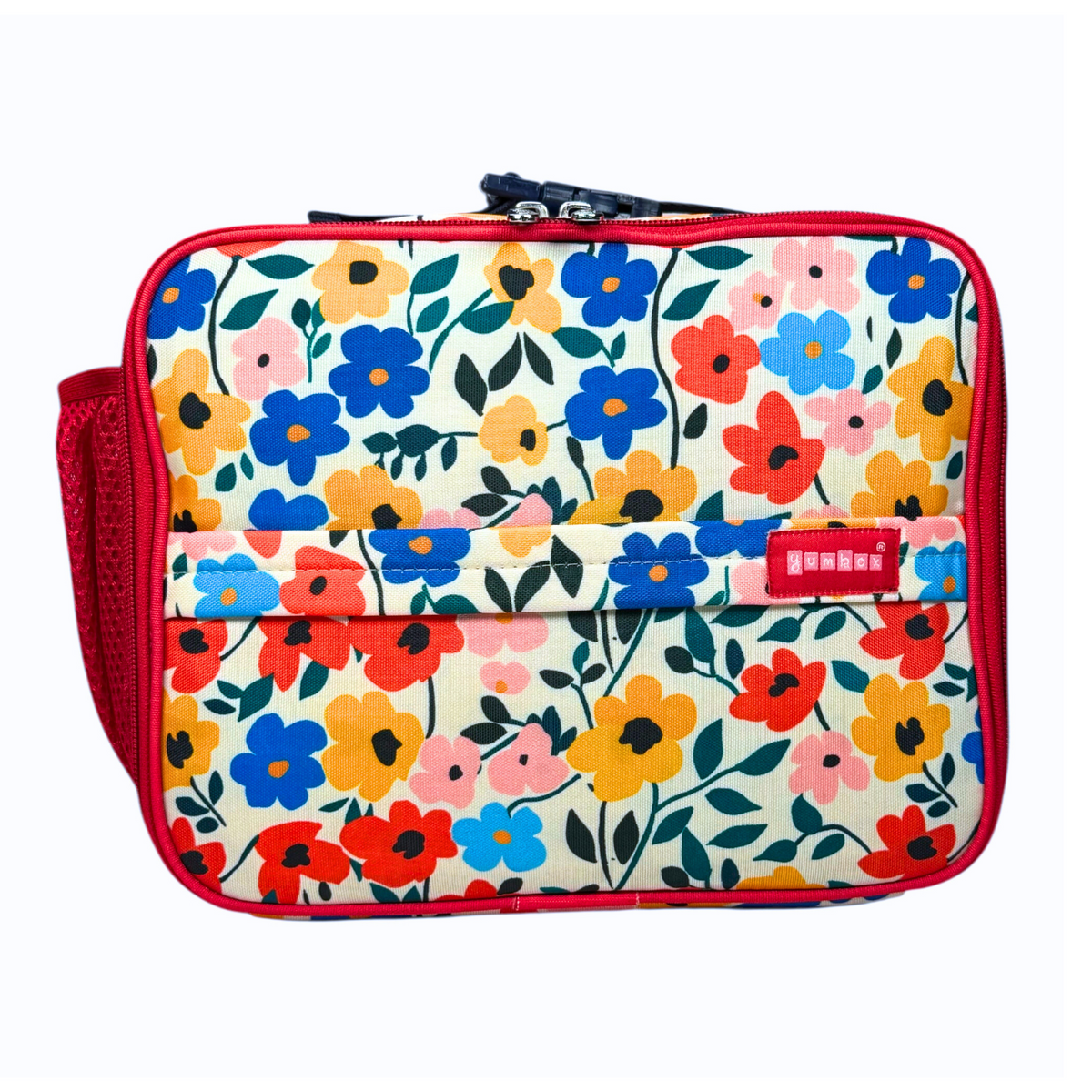 Floral-patterned lunch bag with a visible brand logo on a white background