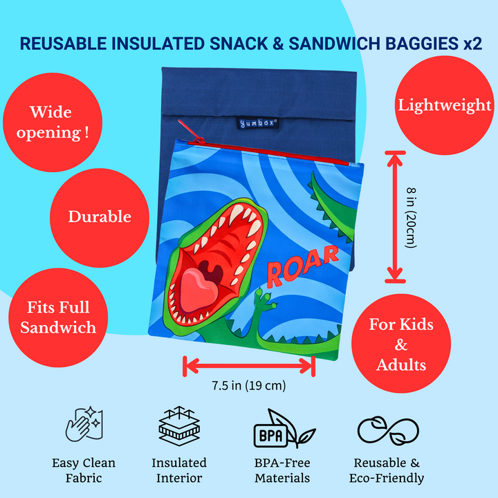 Reusable Sandwich Bag - Set of 2 - Navy & Dino