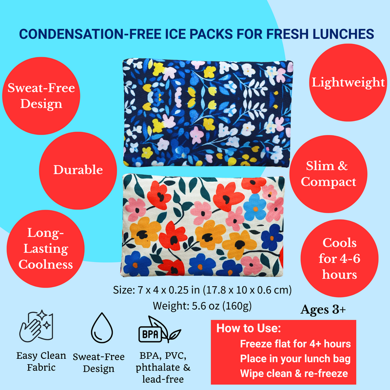 No-Sweat Ice Packs for Packed Lunches Reusable Gel, Fabric Sleeves, 2-Pack