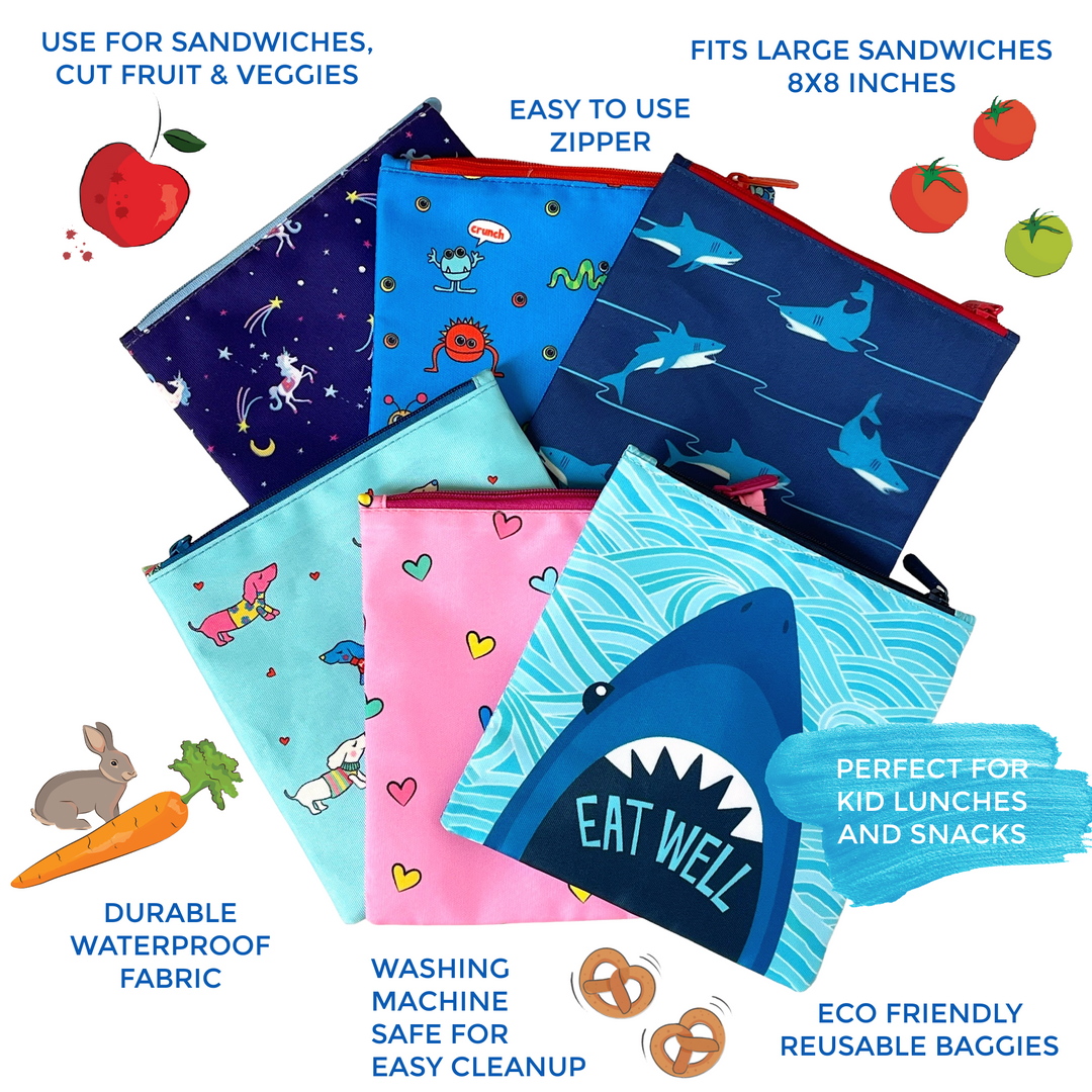 Shark Reusable Snack Bags, Sandwich Bags, Zipper Bags Waterproof Food Safe  PUL Lining Wipeable, Washable Laminated Cotton Bag BPA Free 