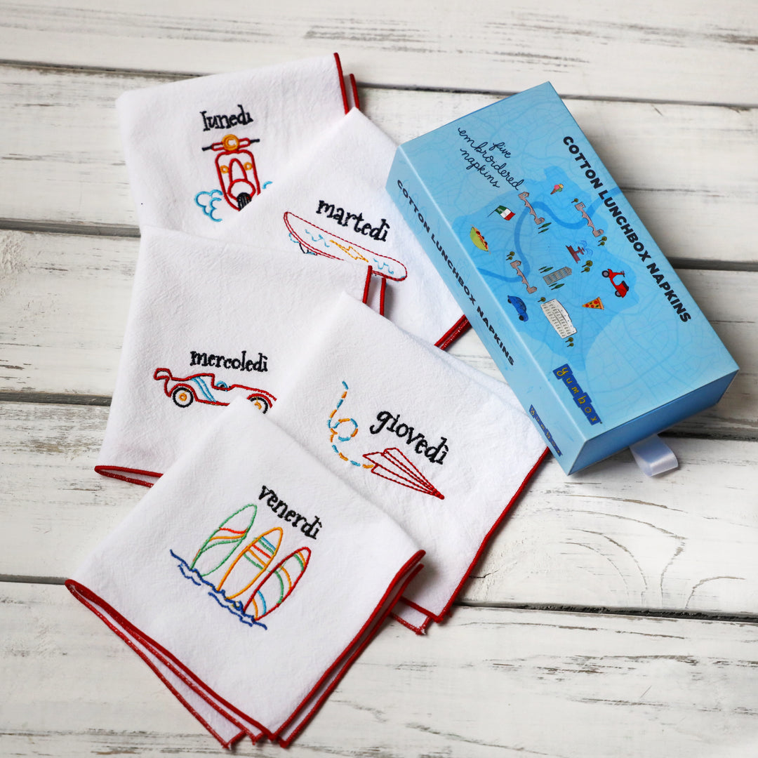 Reusable Embroidered Yumbox Cotton Napkin Set - Days of the Week in Italian