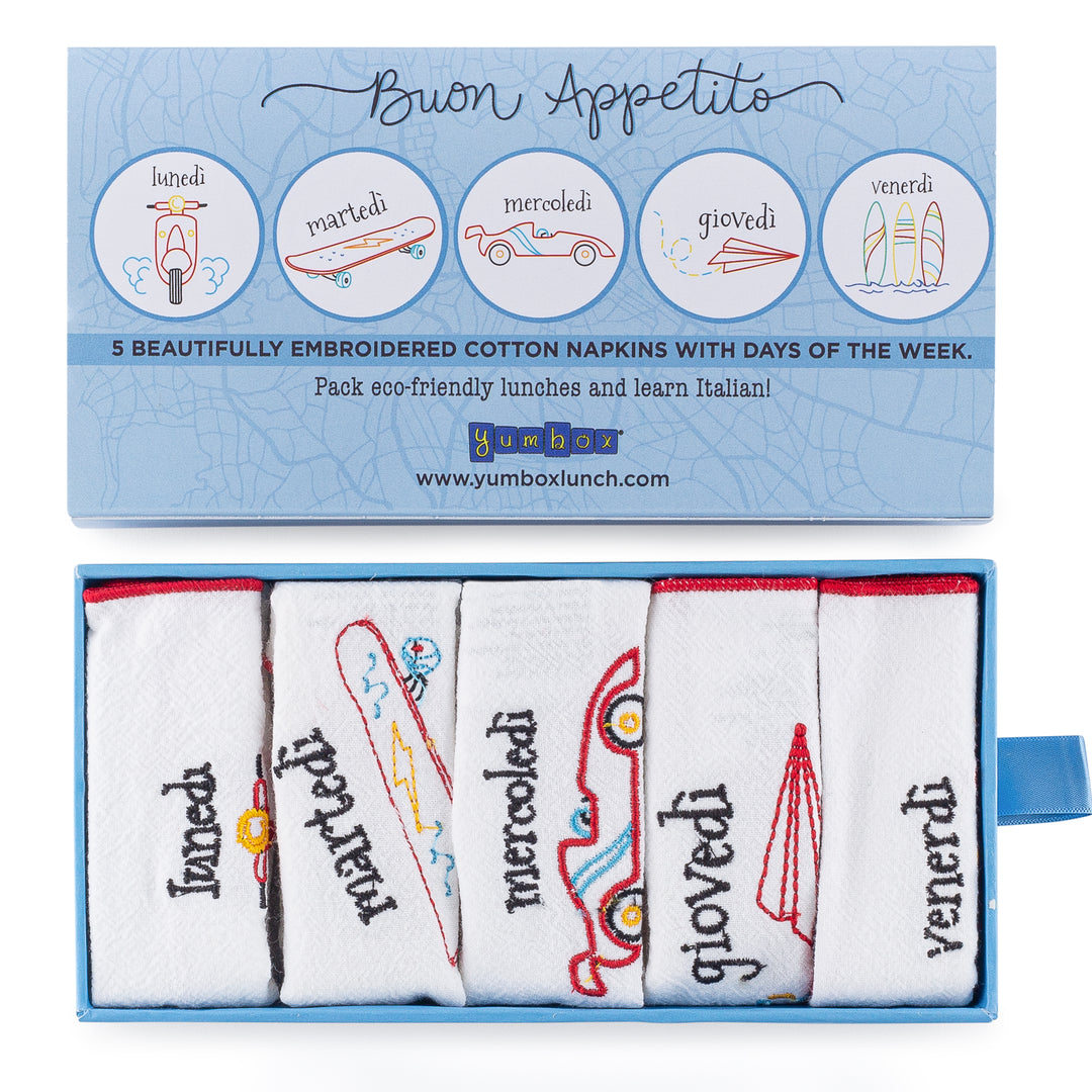 Reusable Embroidered Yumbox Cotton Napkin Set - Days of the Week in Italian