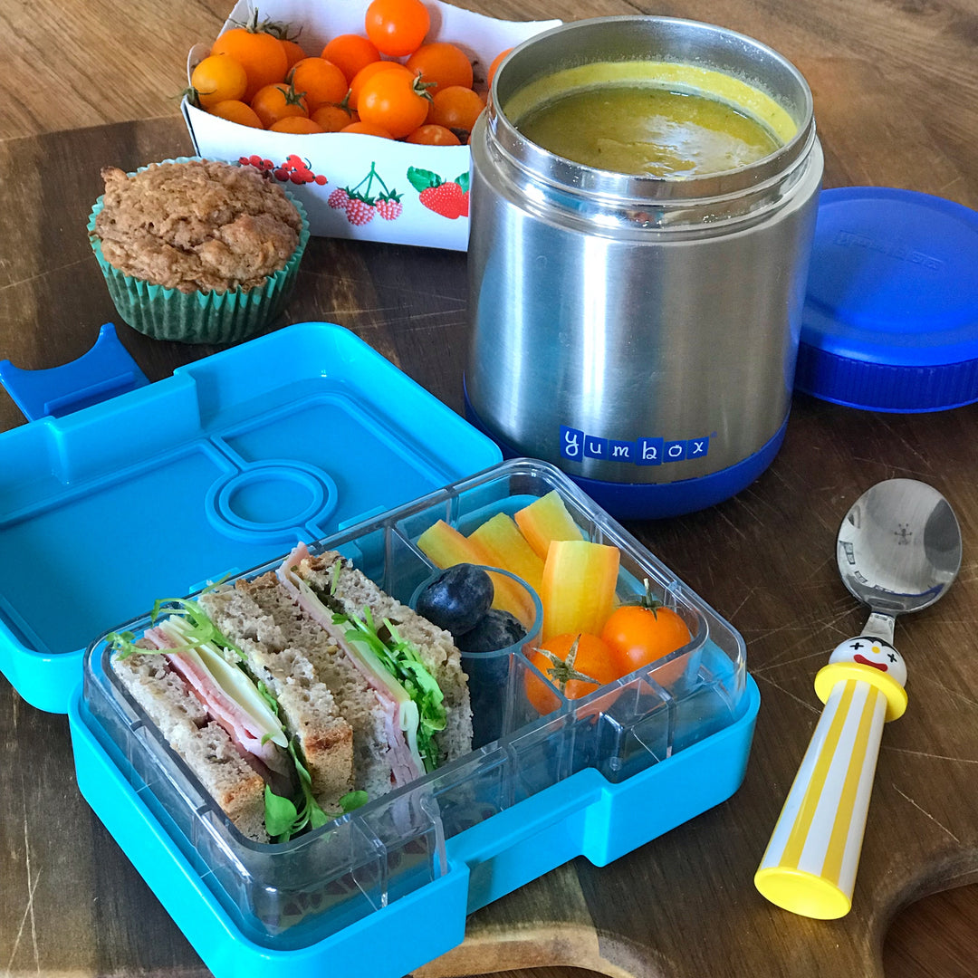 Hot and cold lunch combo using Yumbox snack size bento and Yumbox