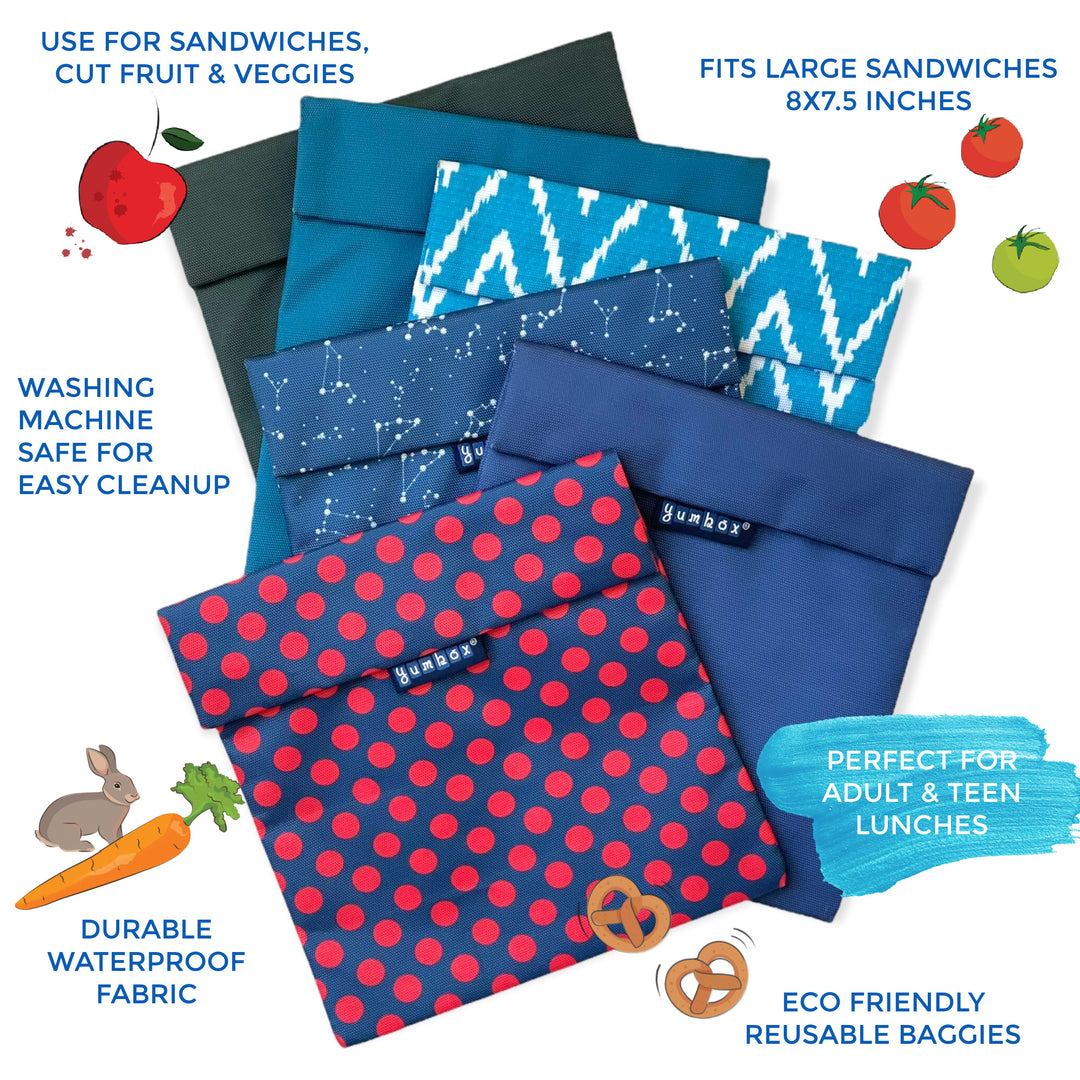 Yumbox Sandwich Bag / Snack Bag, Reusable Fabric, Washable, Food Safe, BPA Free, 8 x 7.5in - Peacock Blue & Zigzag Teal (Value Set of 2)