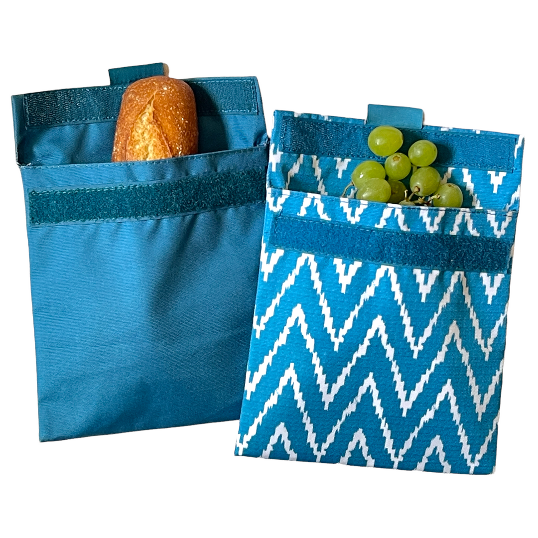 Yumbox Sandwich Bag / Snack Bag, Reusable Fabric, Washable, Food Safe, BPA Free, 8 x 7.5in - Peacock Blue & Zigzag Teal (Value Set of 2)
