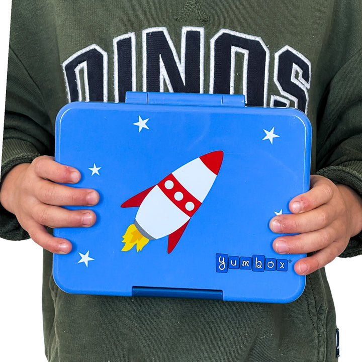 Snack Size Bento Lunch Box - True Blue (Rocket art on Tray and Lid)